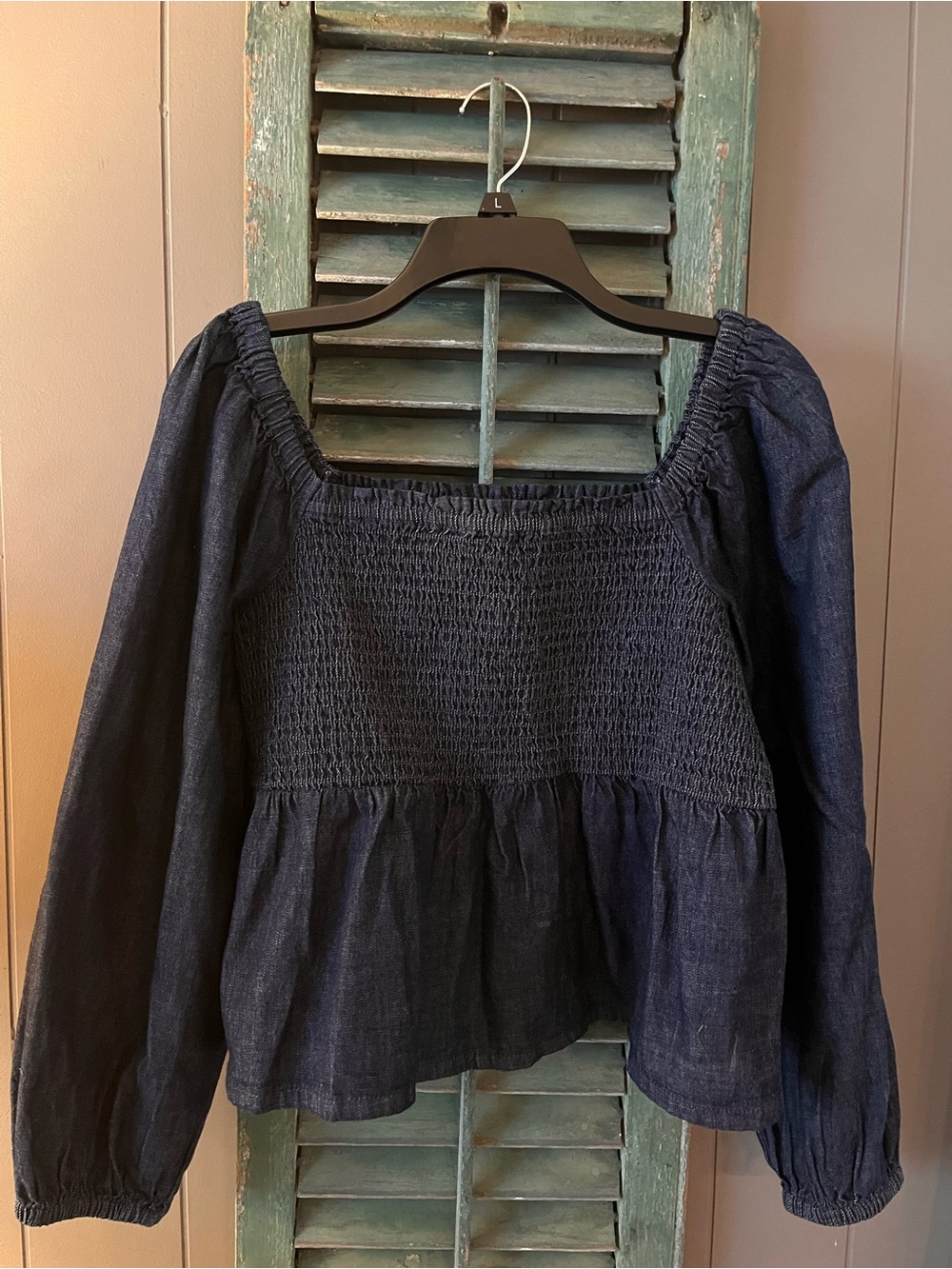 Smocked Square-Neck Long-Sleeve Women's Top - Dark Denim
